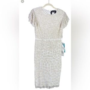 Mac Duggal FLOUNCE SLEEVE Beaded Floral MIDI DRESS, White, Size 8, #A10827